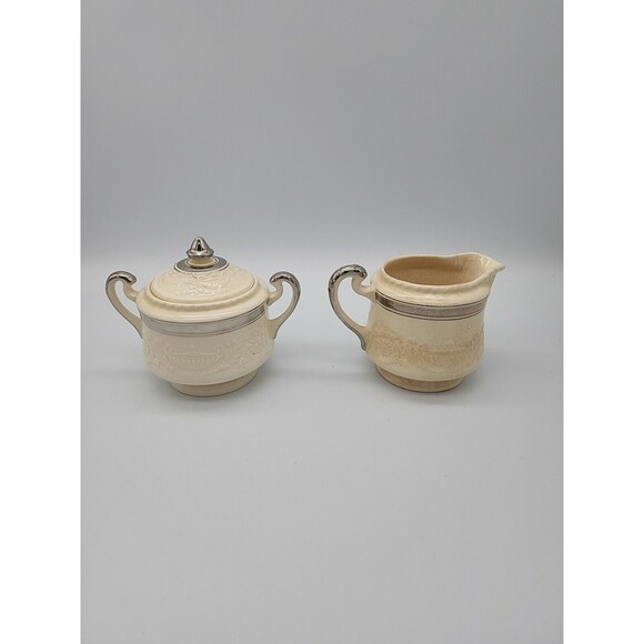 ADAM ANTIQUE by STEUBENVILLE Sugar Bowl w Lid & Creamer Cream with Silver TrIm - Picture 3 of 12